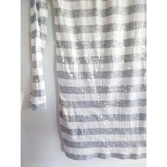 Michael by Michael Kors Sequin Striped Tee Dress Gray White Long Sleeve Crew - Picture 7 of 10